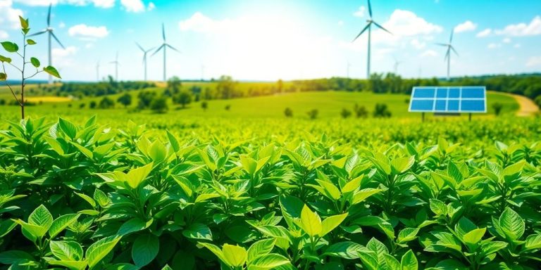 Peisaj verde cu turbine eoliene și panouri solare.