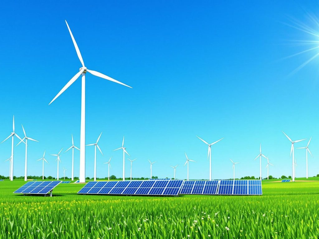 Turbine eoliene și panouri solare într-un peisaj verde.