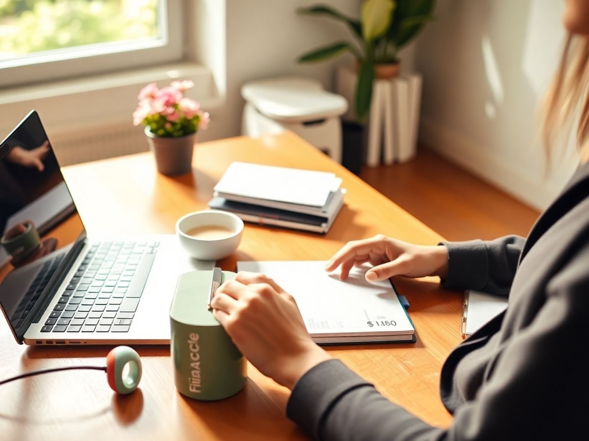 Persoană organizând finanțele pe birou cu laptop.