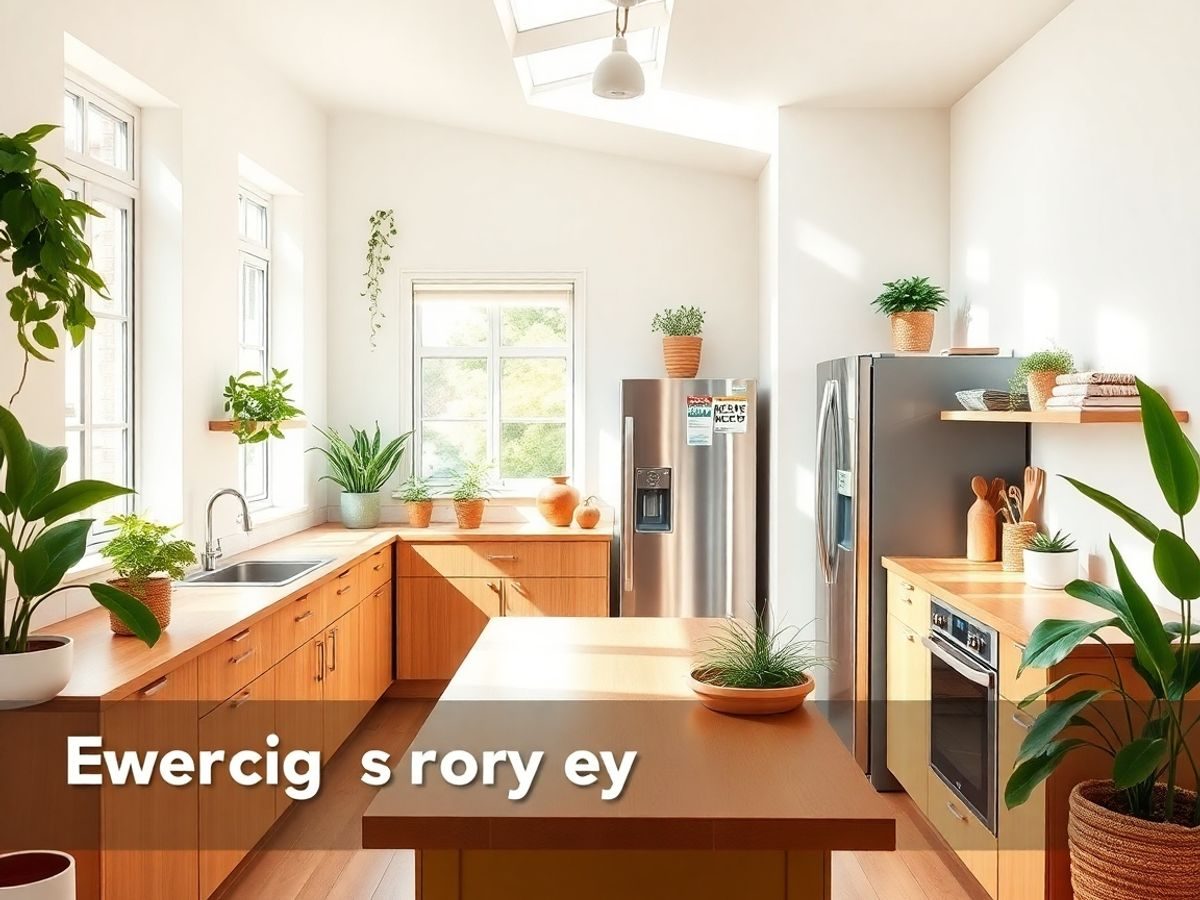 Bucătărie modernă cu electrocasnice eficiente energetic și plante.