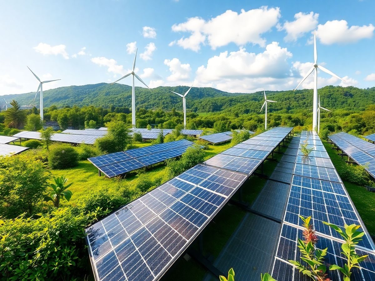 Peisaj verde cu panouri solare și turbine eoliene.