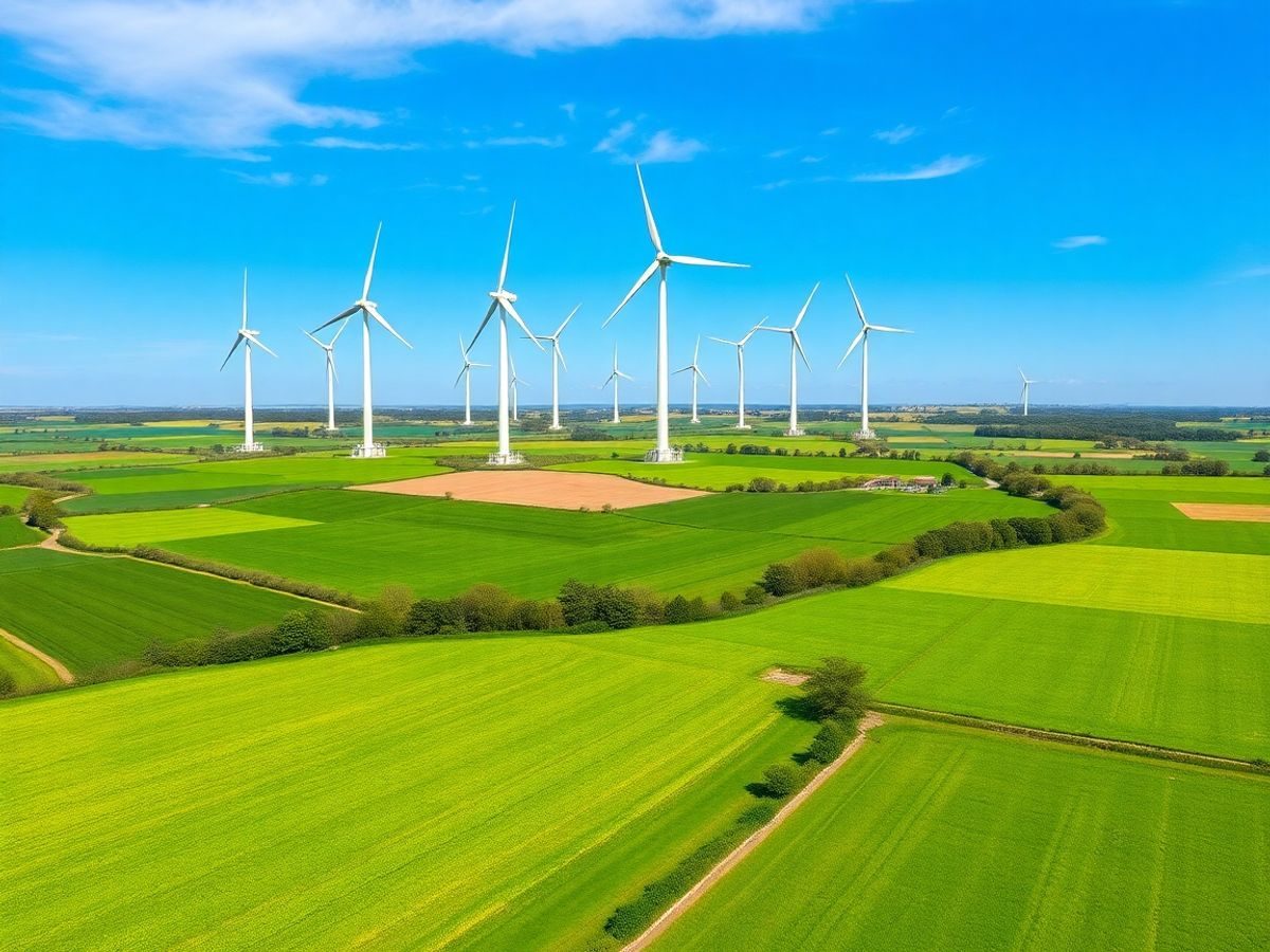 Turbine eoliene în peisaj verde, simbolizând energia curată.