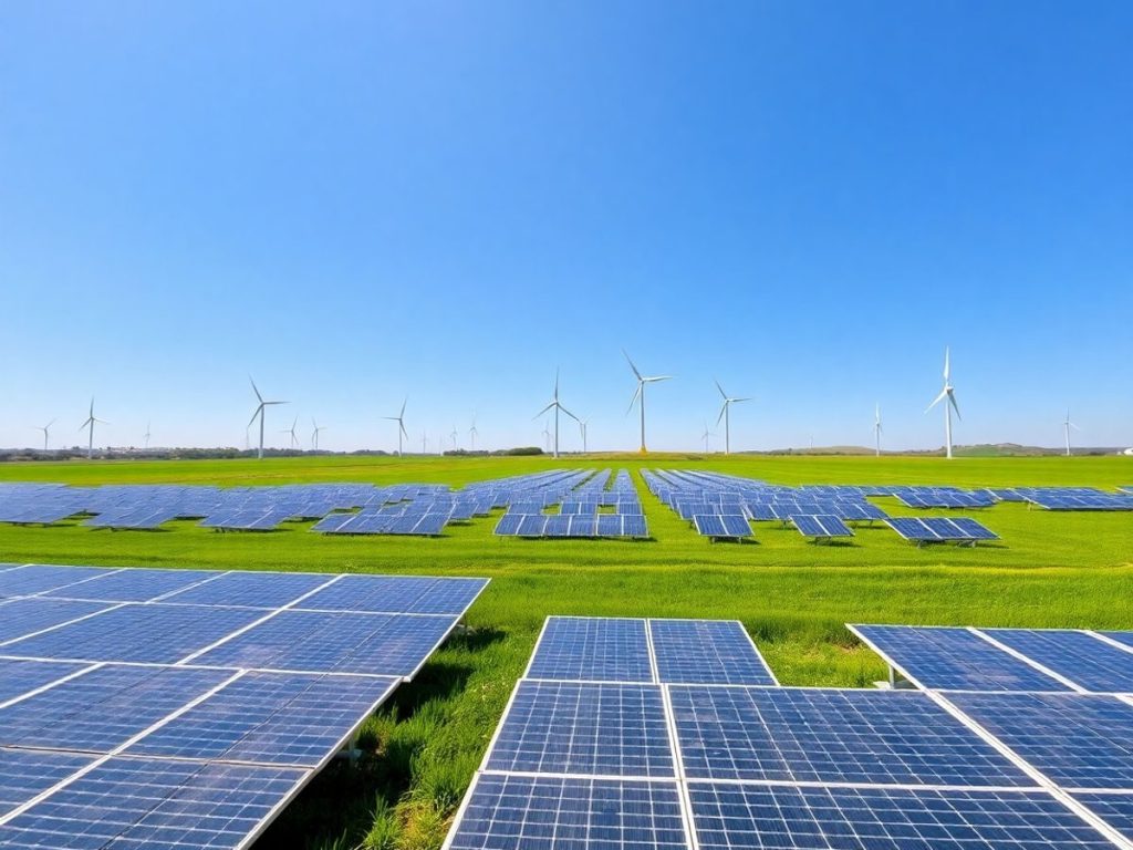 Panouri solare și turbine eoliene pe un câmp verde.