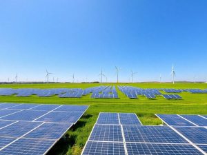 Panouri solare și turbine eoliene pe un câmp verde.