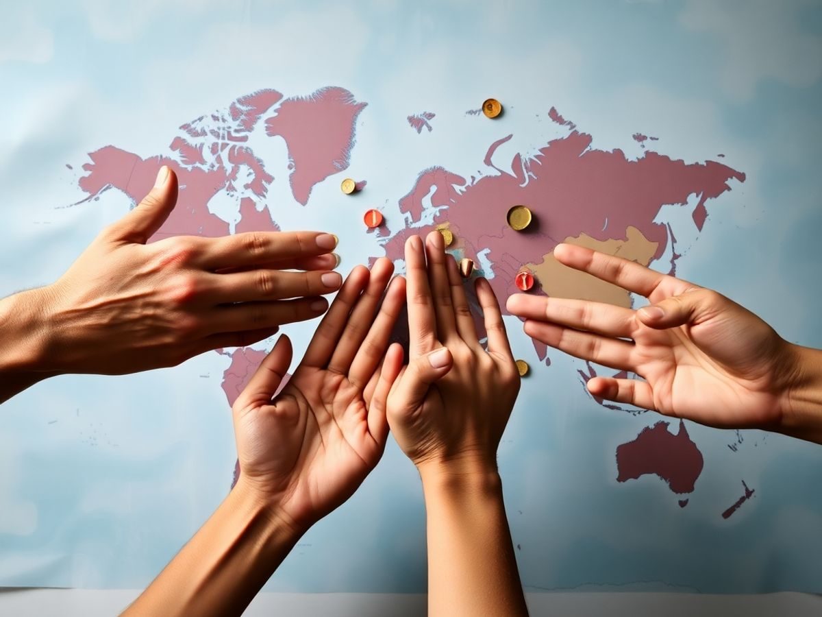 Harta lumii, monede, mâini interconectate