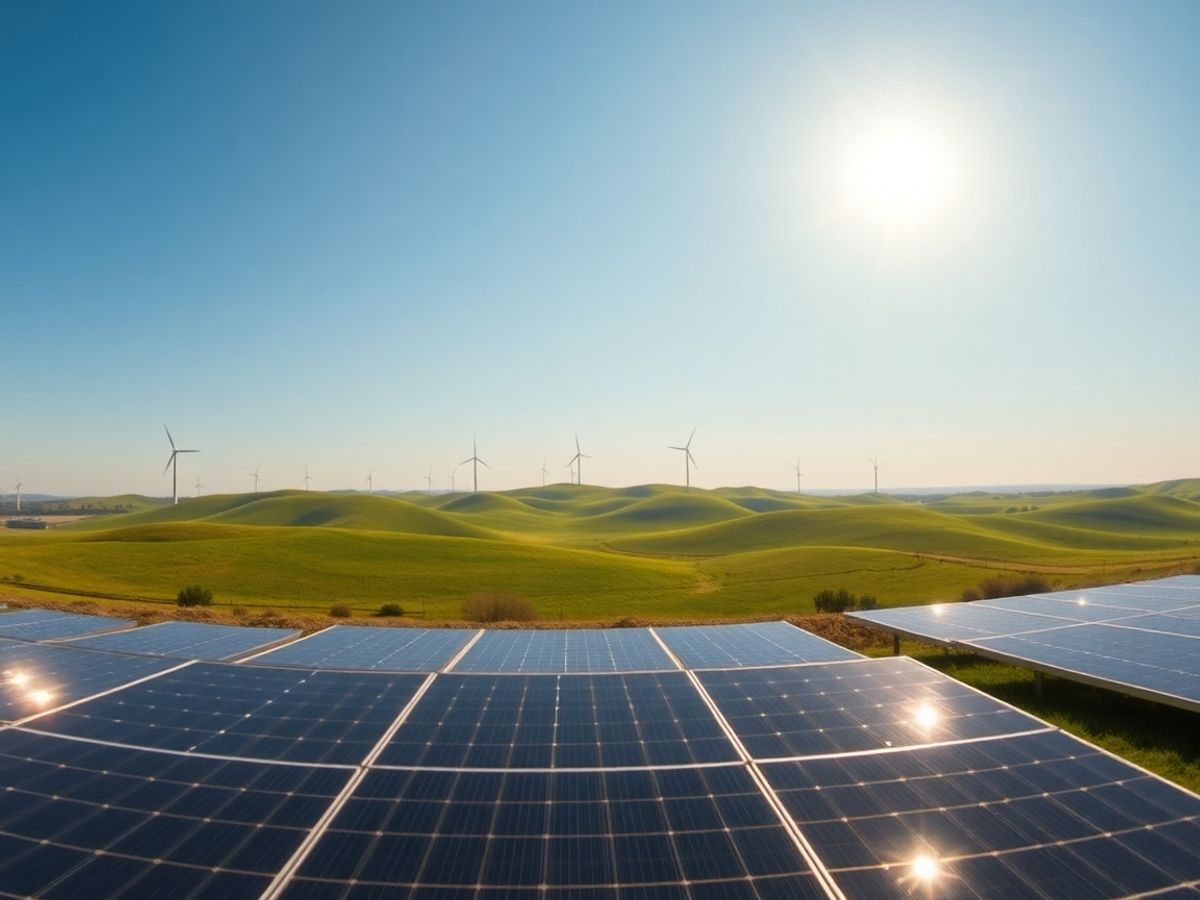 Turbine eoliene și panouri solare în peisajul rural românesc.