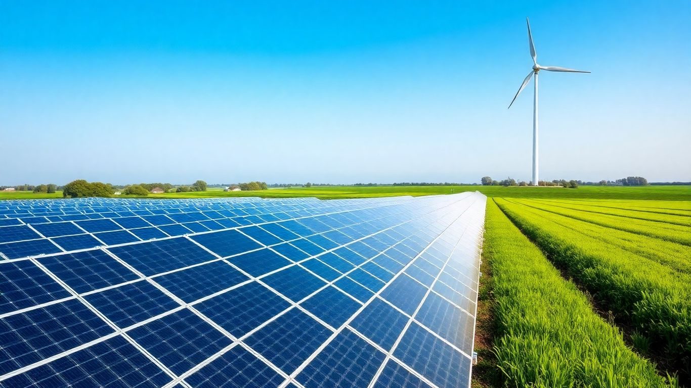 Panouri solare și turbine eoliene pe câmpuri verzi.