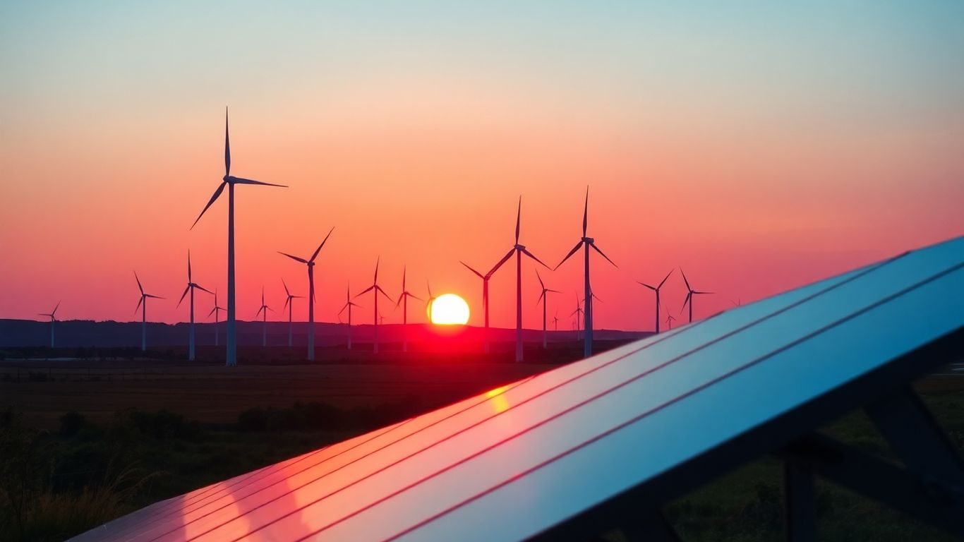 Turbine eoliene și panouri solare pe un fundal însorit.