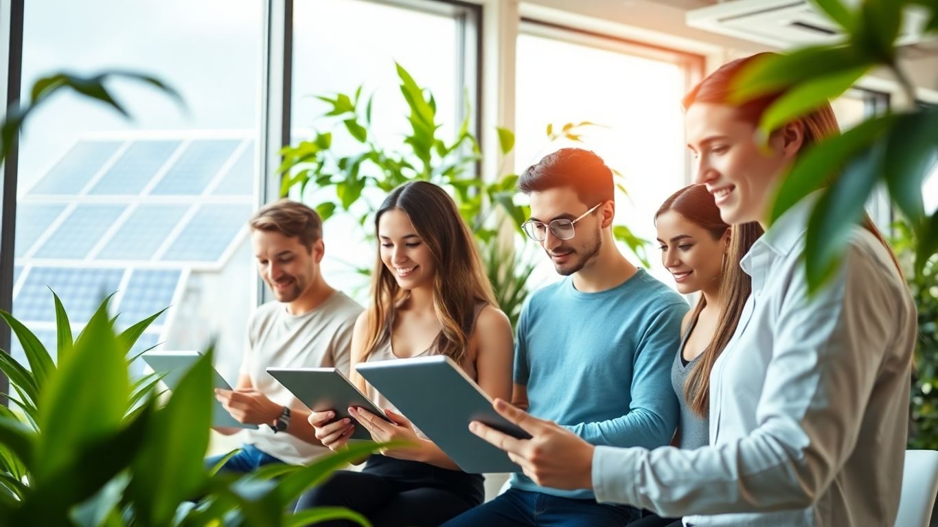 Tineri în birou modern cu panouri solare afară